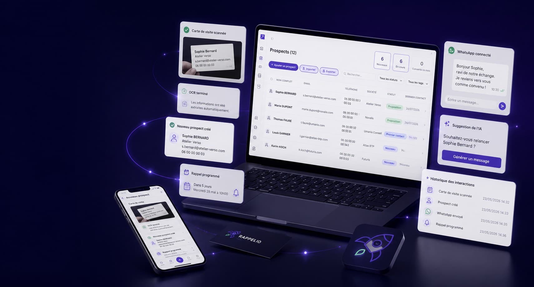 Rappelio sur ordinateur portable et smartphone : la liste des prospects, entourée des étapes d'un contact, carte de visite scannée, prospect créé, rappel programmé.