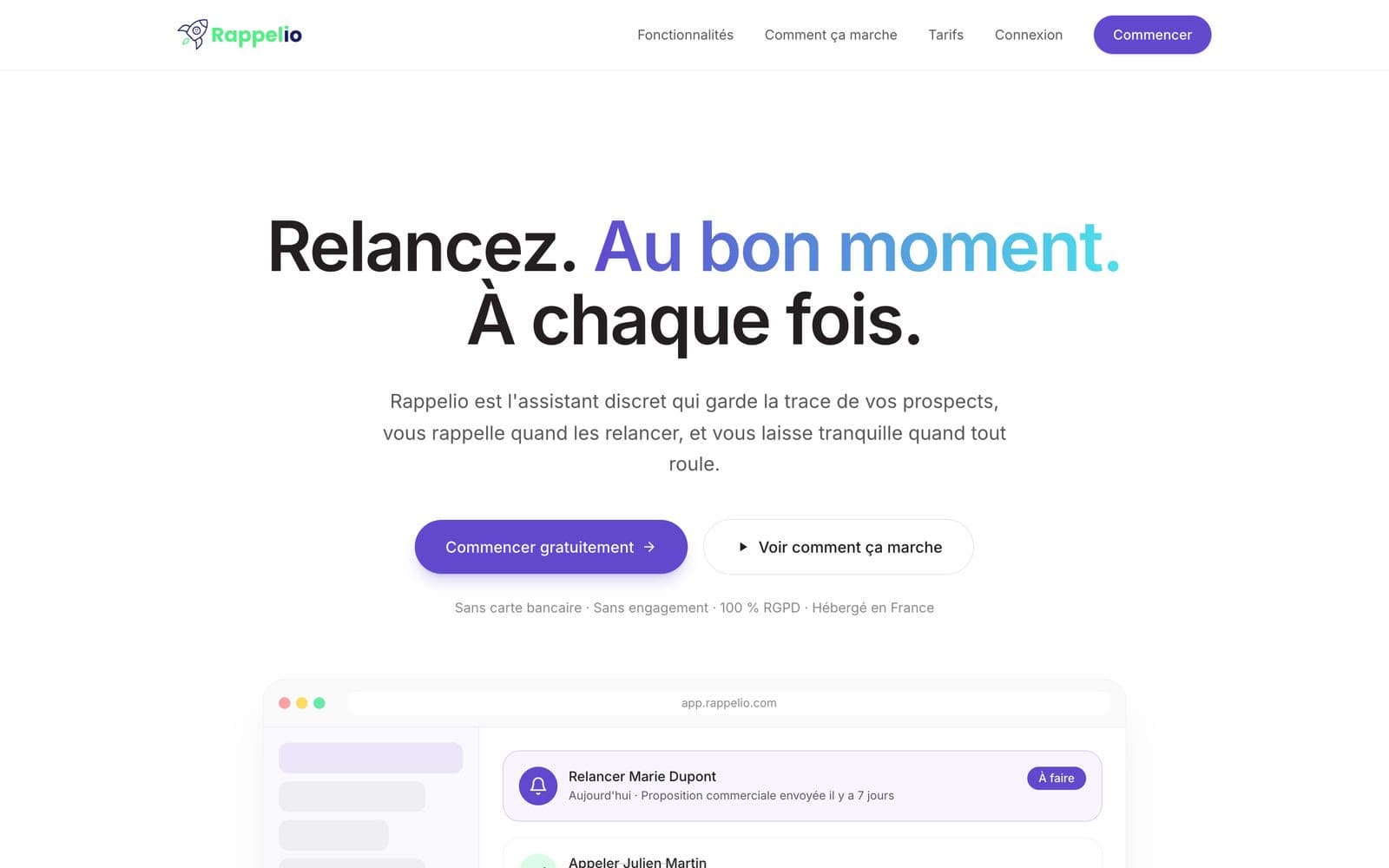 Accueil de rappelio.com : le titre « Relancez. Au bon moment. À chaque fois. », le bouton Commencer gratuitement et l'aperçu d'une liste de rappels.