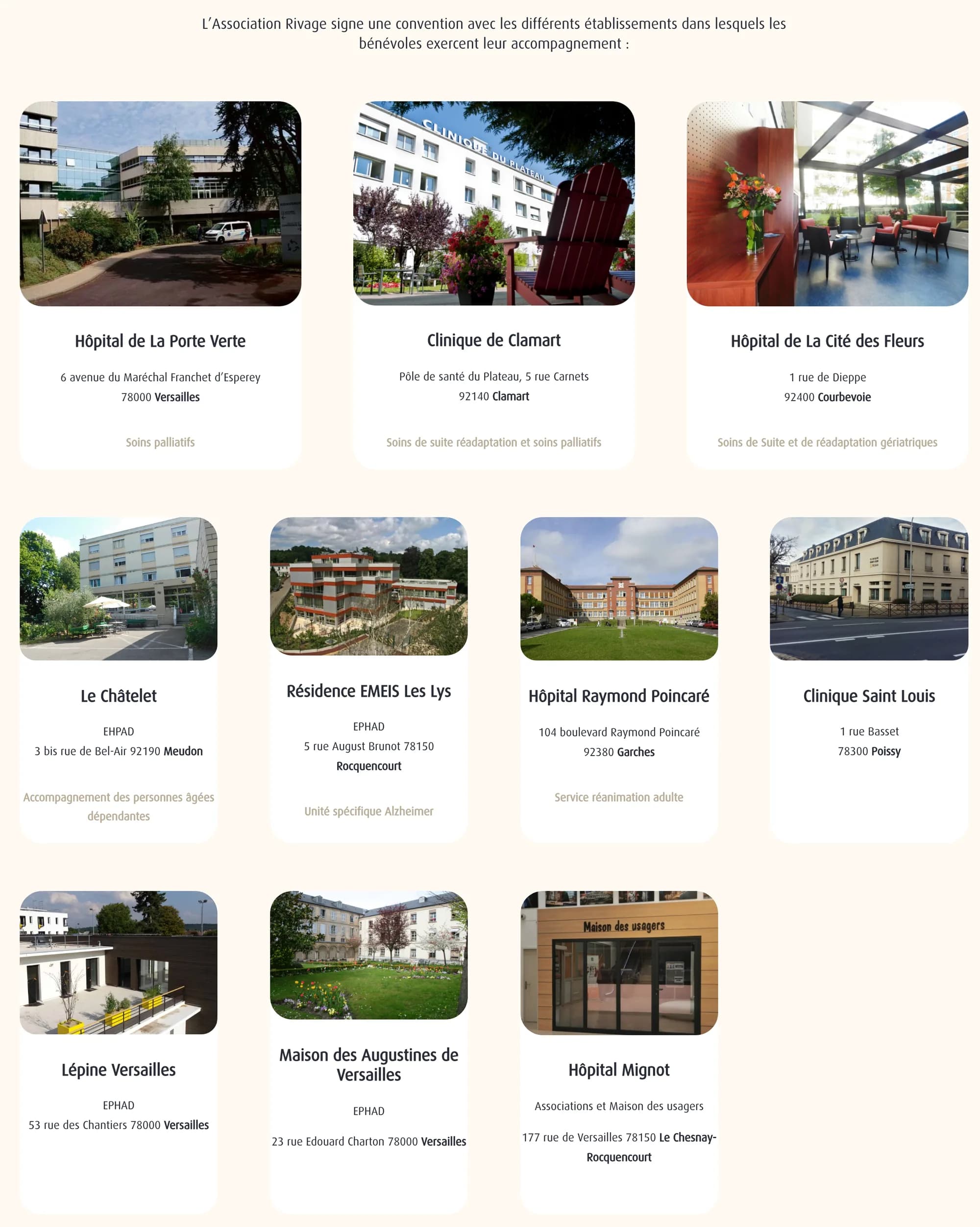 La page Établissements : les dix hôpitaux, cliniques et EHPAD conventionnés présentés en fiches avec photo, nom, adresse et service concerné, de l'hôpital de La Porte Verte à Versailles à l'hôpital Mignot au Chesnay-Rocquencourt.