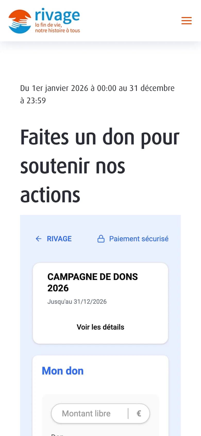 La page Faire un don sur téléphone : le logo, le titre, puis le formulaire AssoConnect, la campagne de dons 2026 et le montant libre.