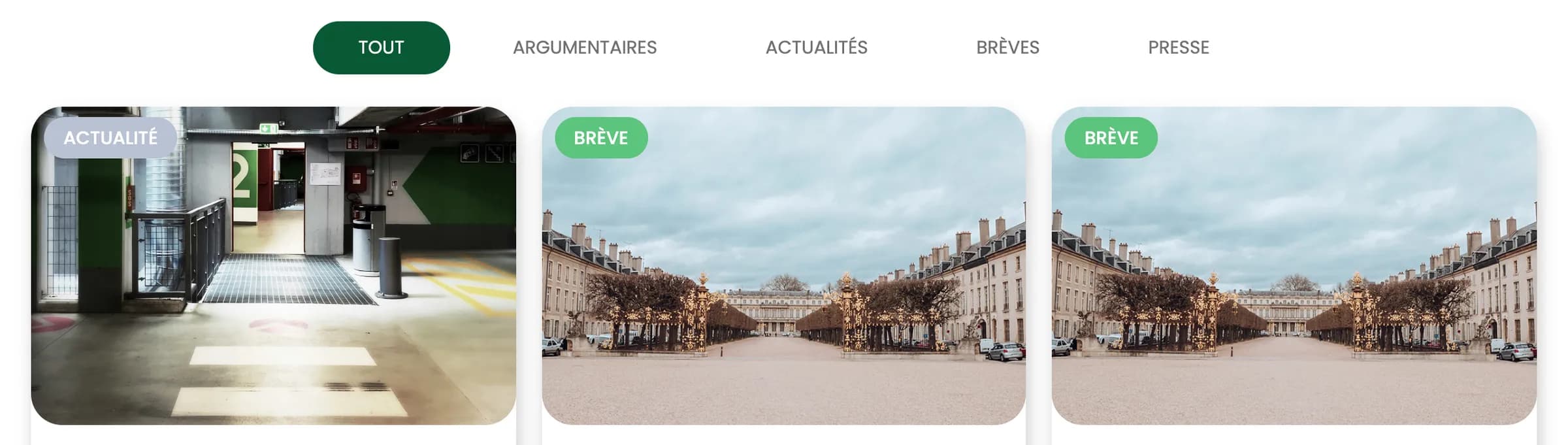 La page Publications : les onglets Tout, Argumentaires, Actualités, Brèves et Presse, puis des cartes marquées Actualité ou Brève.