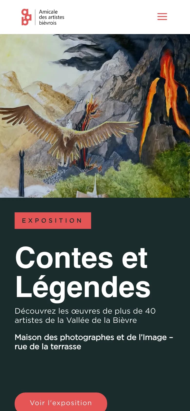 L'accueil sur téléphone : le tableau de l'exposition en tête, puis le titre « Contes et Légendes » en blanc sur fond nuit et le bouton Voir l'exposition.