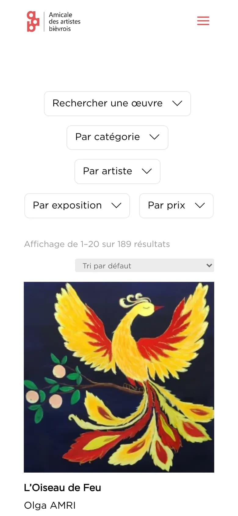 Le catalogue sur téléphone : les cinq filtres empilés, Rechercher une œuvre, Par catégorie, Par artiste, Par exposition, Par prix, puis la première œuvre.