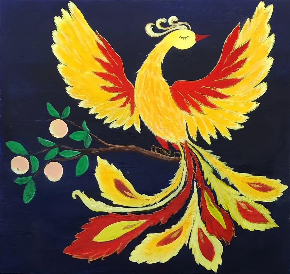 L'Oiseau de Feu, acrylique d'Olga Amri : un oiseau jaune et rouge aux longues plumes, posé sur une branche fruitière, sur fond bleu nuit.