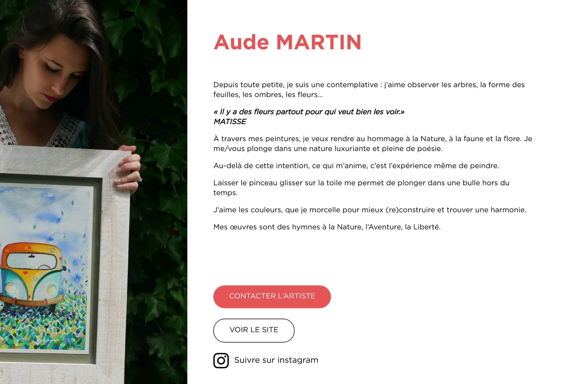 La page d'Aude Martin sur le site : son portrait tenant une aquarelle encadrée, son nom en rouge, sa démarche, puis trois boutons, Contacter l'artiste, Voir le site, Suivre sur Instagram.