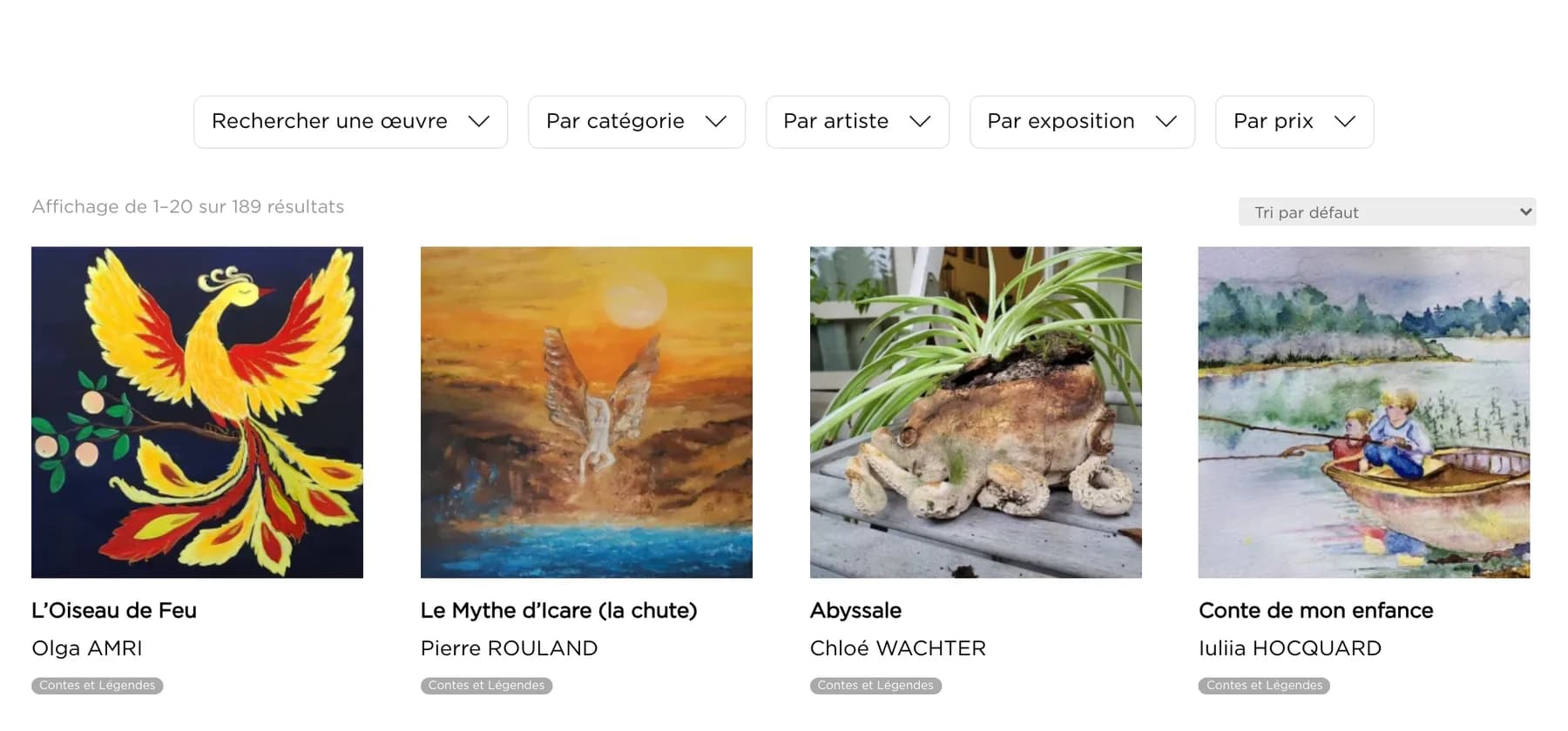 Le catalogue du site : la barre de filtres Rechercher une œuvre, Par catégorie, Par artiste, Par exposition, Par prix, le compteur « Affichage de 1 à 20 sur 189 résultats », puis la première rangée d'œuvres avec titre, artiste et étiquette d'exposition.