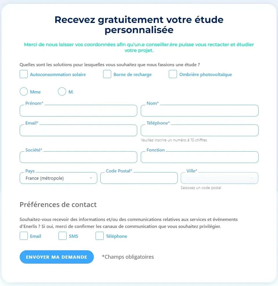 Le formulaire « Recevez gratuitement votre étude personnalisée » : trois cases Autoconsommation solaire, Borne de recharge et Ombrière photovoltaïque, civilité, prénom, nom, e-mail, téléphone, société, fonction, pays, code postal et ville, puis les préférences de contact Email, SMS, Téléphone et le bouton Envoyer ma demande.
