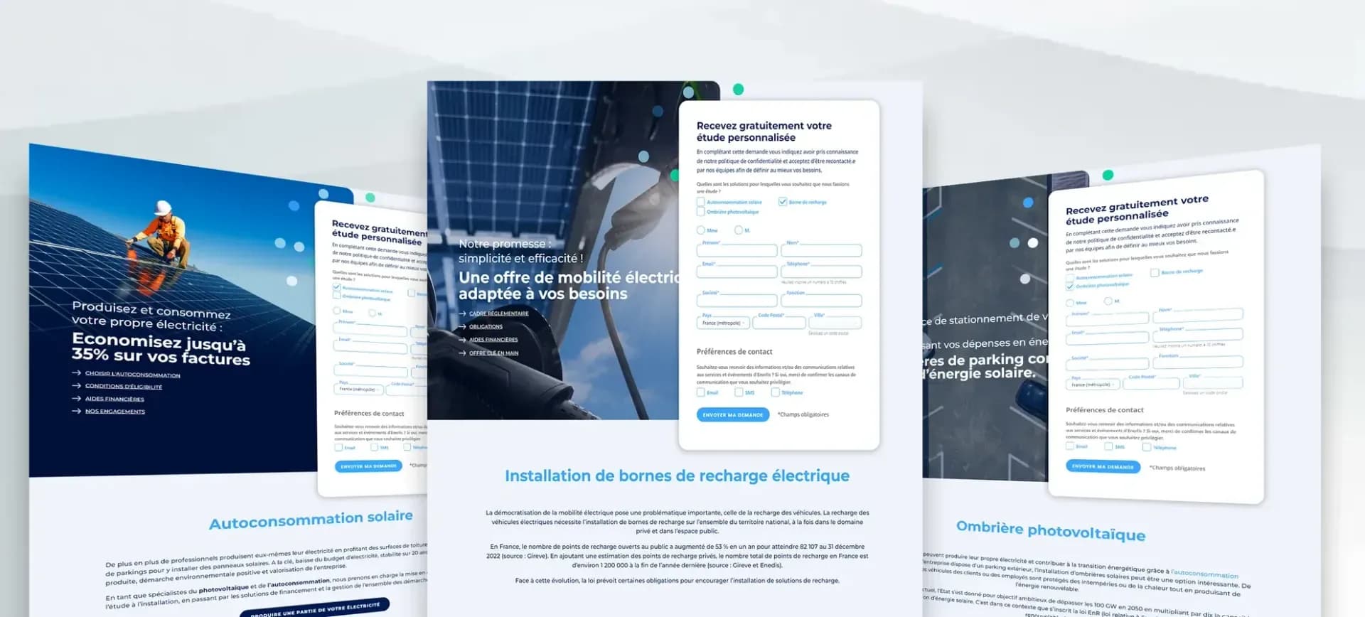 Les trois landings d'Enerlis côte à côte : Autoconsommation solaire, Installation de bornes de recharge électrique et Ombrière photovoltaïque, chacune avec sa promesse sur une photo et le formulaire « Recevez gratuitement votre étude personnalisée » à droite.