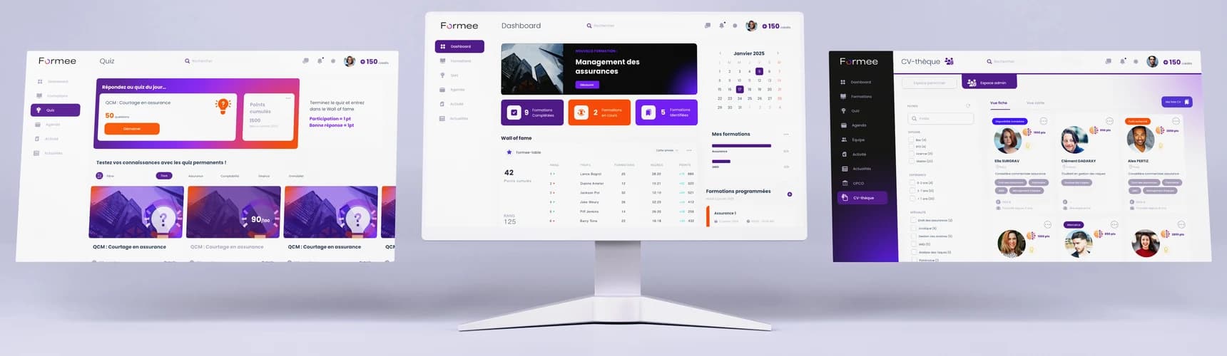 Le trajet des points sur trois écrans : quiz du jour à gauche, wall of fame du dashboard au centre, profils avec leurs points dans la CV-thèque à droite.