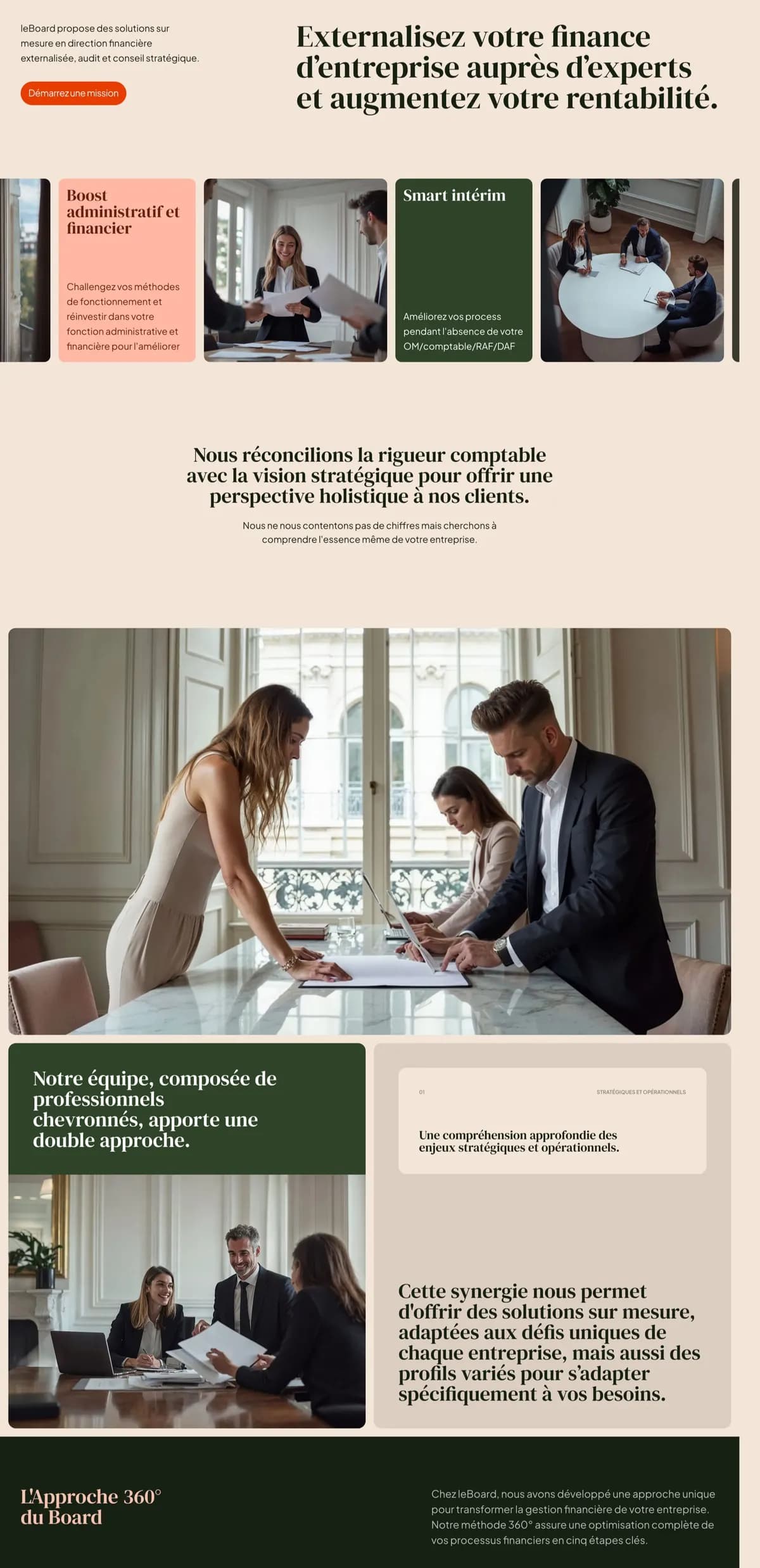 Le haut du site leboard.io : le titre « Externalisez votre finance d'entreprise auprès d'experts et augmentez votre rentabilité », des cartes de services saumon et vert forêt, puis des photos de réunions de travail et la section « L'Approche 360° du Board ».