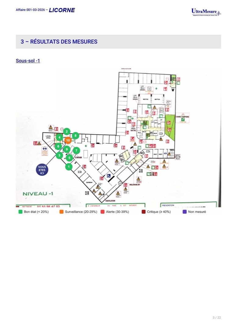 Résultats du sous-sol : le plan annoté avec les points de mesure colorés.
