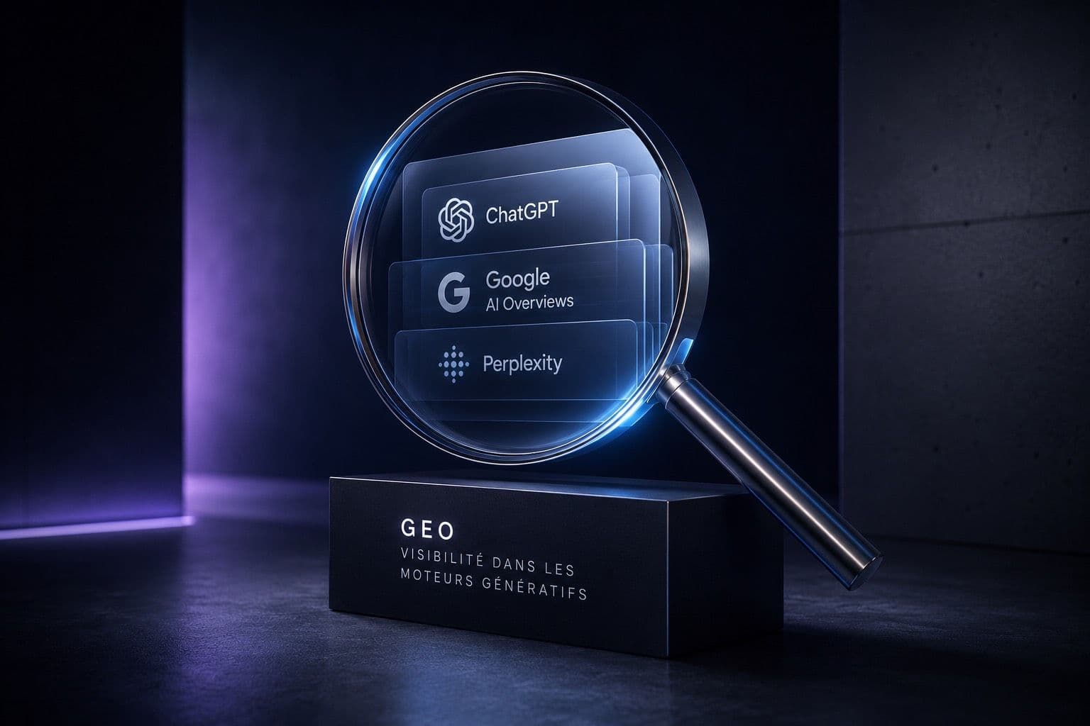 Loupe posée sur un socle sombre « GEO, visibilité dans les moteurs génératifs », grossissant trois cartes ChatGPT, Google AI Overviews et Perplexity