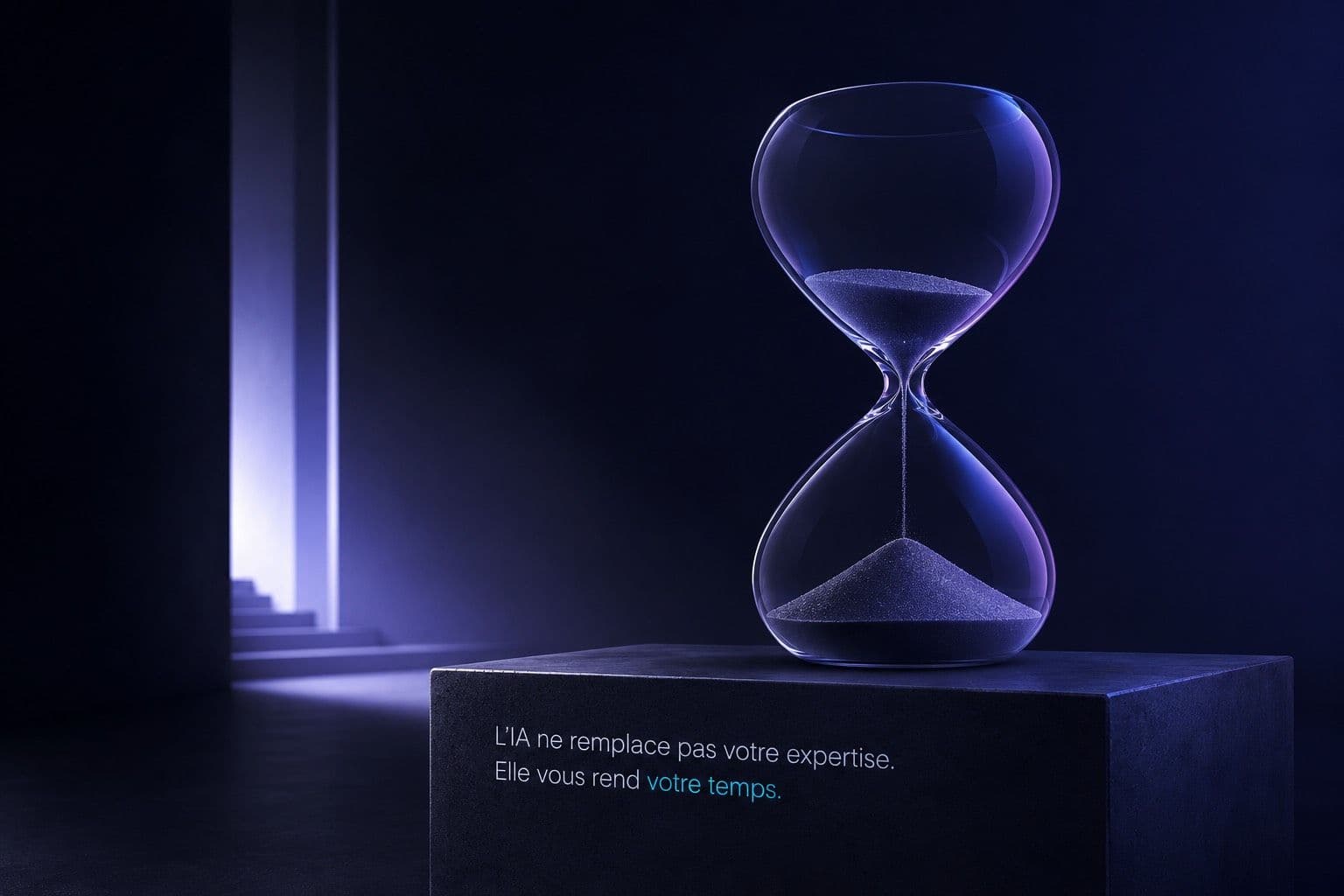 Sablier de verre au sable violet posé sur un socle sombre portant le message « L'IA ne remplace pas votre expertise. Elle vous rend votre temps », un escalier éclairé en arrière-plan