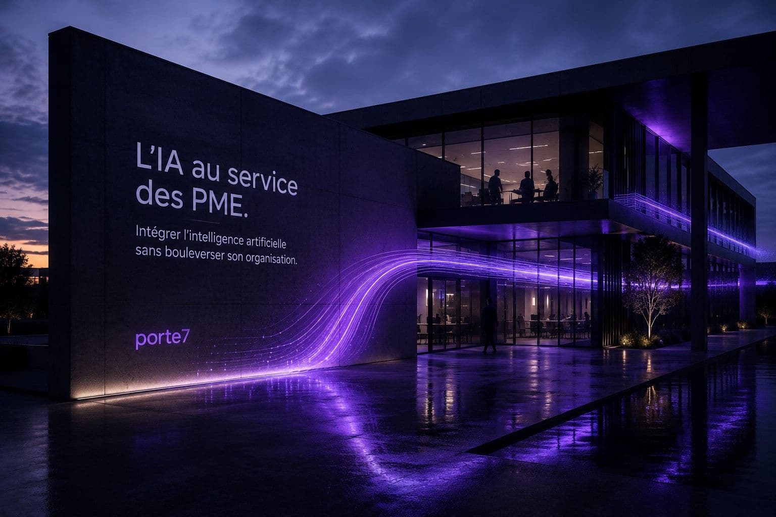 Façade d'un bâtiment d'entreprise à la tombée du jour, portant le message « L'IA au service des PME » et un flux lumineux violet qui entre dans le hall