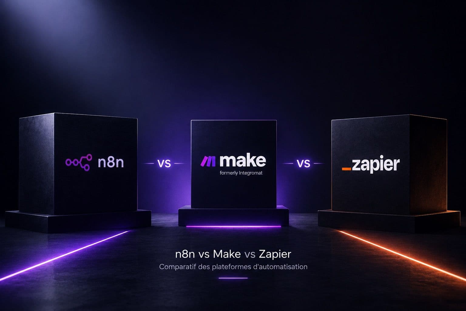 Les logos n8n, Make et Zapier présentés côte à côte sur des socles éclairés, comparatif des plateformes d'automatisation