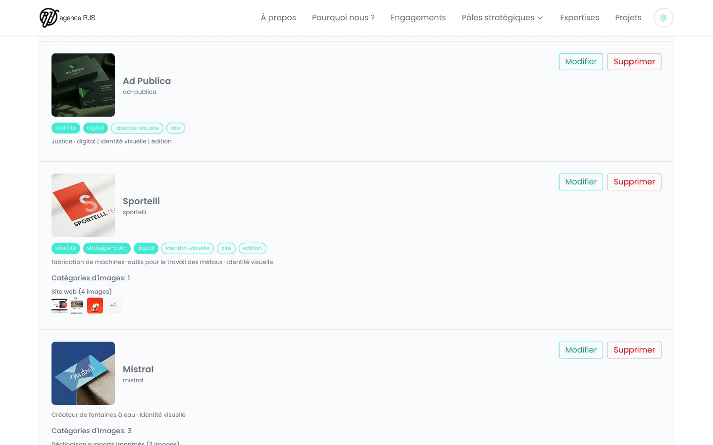 Liste des projets dans le back-office : les fiches Ad Publica, Sportelli et Mistral, chacune avec sa vignette, ses tags de pôle et de livrable, ses catégories d'images et ses boutons Modifier et Supprimer.