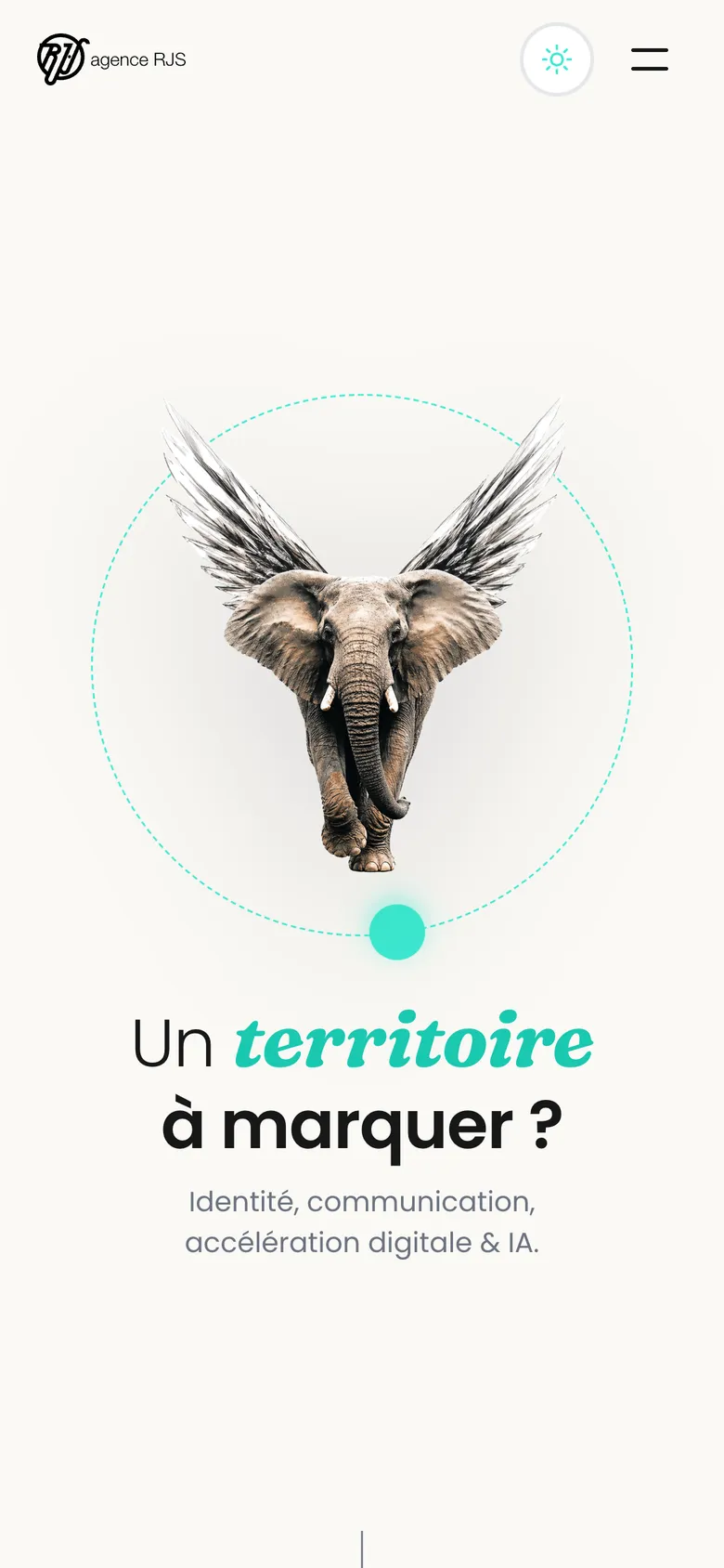 Accueil d'agencerjs.com sur smartphone : l'éléphant ailé dans son cercle pointillé et le titre « Un territoire à marquer ? ».