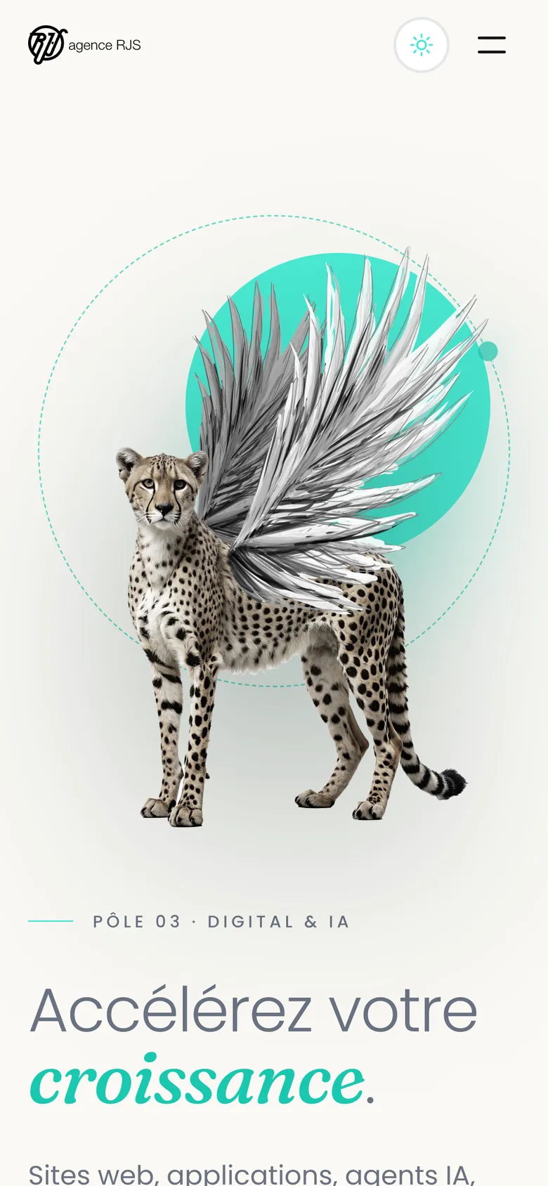 Page Digital & IA sur smartphone : un guépard ailé devant un disque cyan, au-dessus du titre « Accélérez votre croissance. »