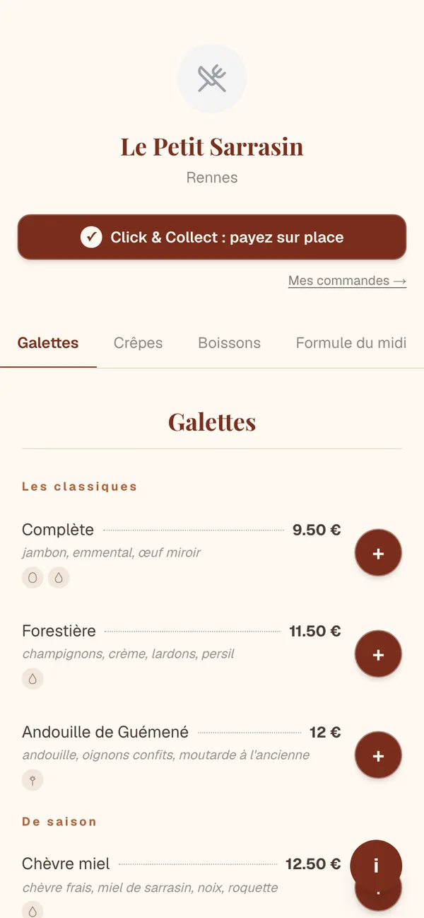 La carte publique du même restaurant fictif sur smartphone : onglets Galettes, Crêpes, Boissons, Formule du midi, un bouton pour ajouter chaque galette au panier.