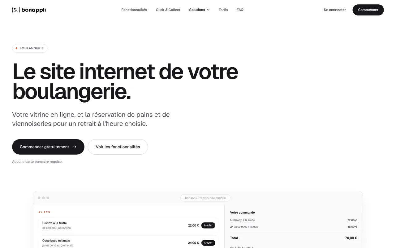 Page métier Boulangerie de bonappli.fr : « Le site internet de votre boulangerie. », la réservation de pains et viennoiseries pour un retrait à l'heure choisie, et une maquette de commande.