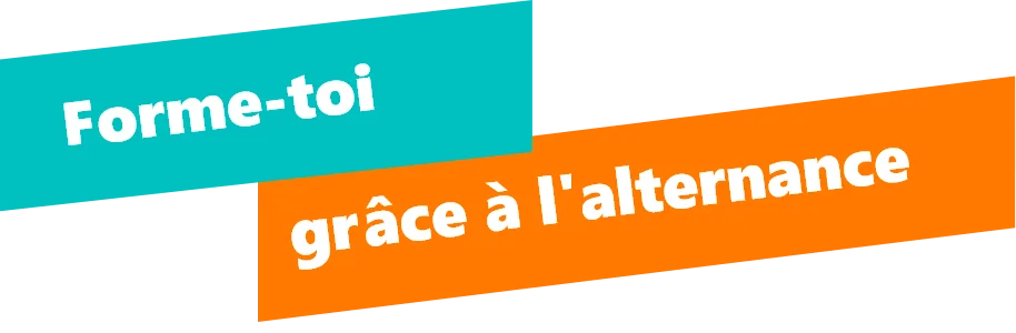 Les deux bandeaux inclinés de la charte des posts : « Forme-toi » sur turquoise, « grâce à l'alternance » sur orange.