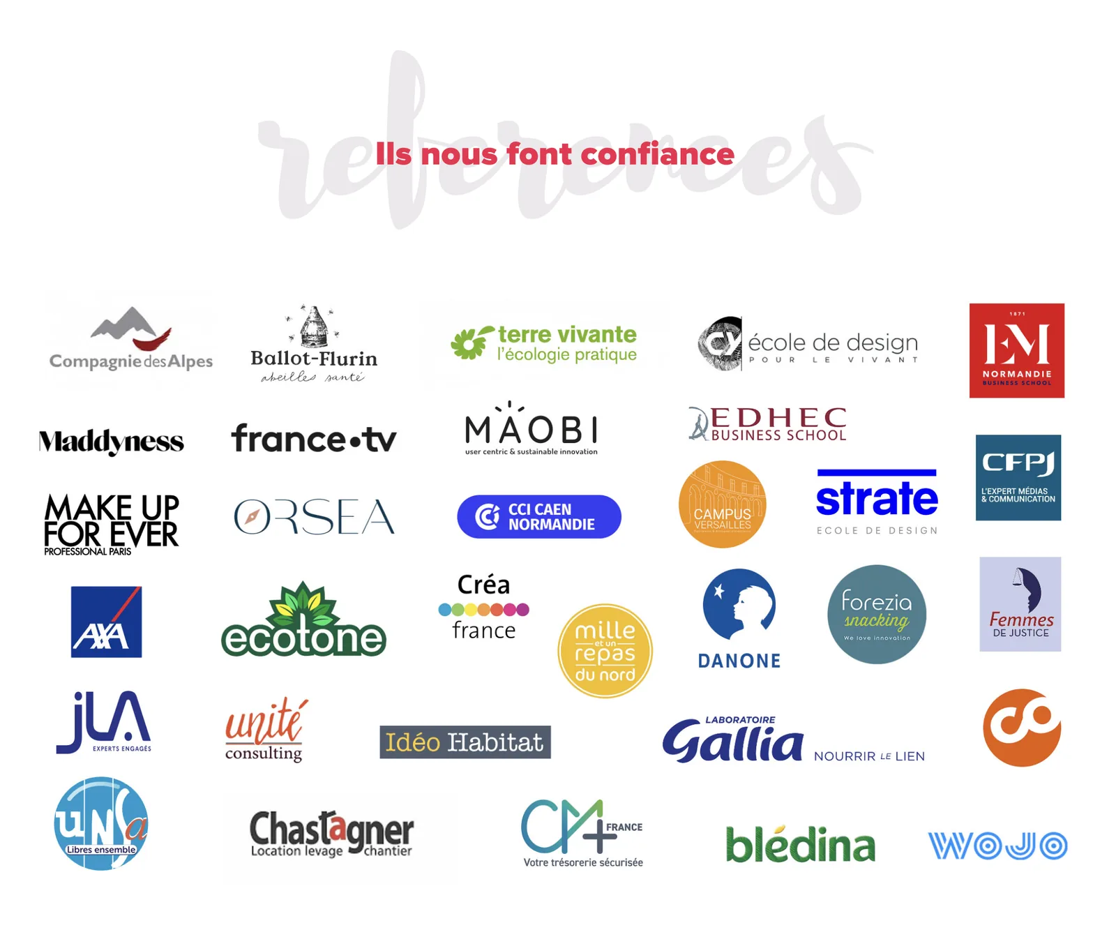 Section Ils nous font confiance : un mur de logos clients, dont Compagnie des Alpes, france.tv, EDHEC, AXA, Danone, Ecotone, Blédina et Strate école de design.