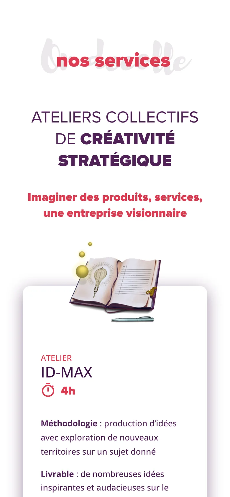 Fiche ID-MAX sur smartphone : le livre en collage, puis ATELIER, ID-MAX et 4h, la méthodologie et le livrable.