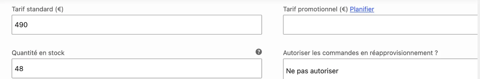 Variation 50×70 de Blue Skies dans WooCommerce : tarif standard 490, quantité en stock 48, commandes en réapprovisionnement non autorisées.