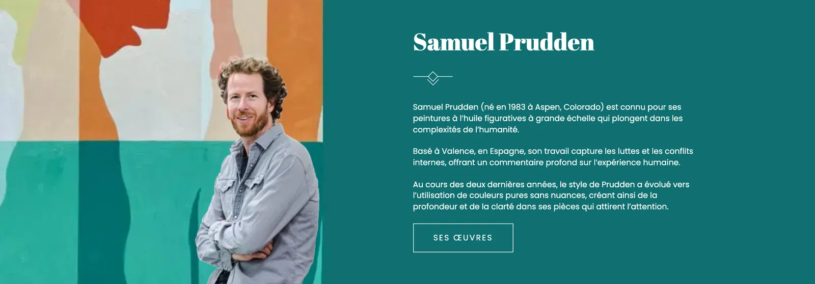 En-tête de la page de Samuel Prudden : sa photo devant une de ses peintures, puis son nom et sa biographie sur un aplat vert d'eau.