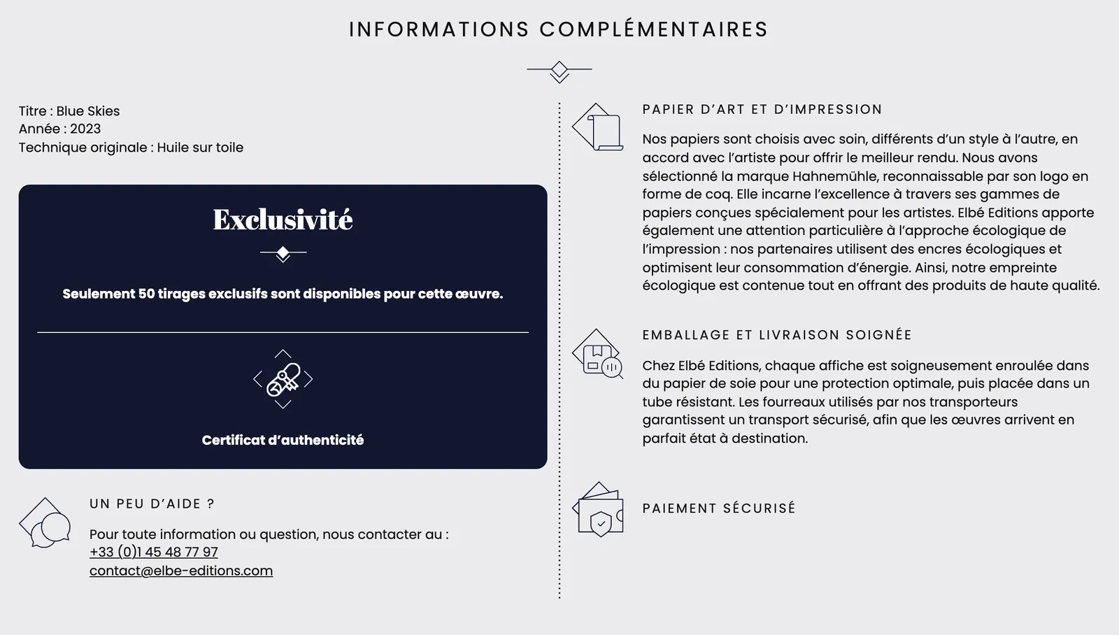 Bloc Informations complémentaires de la fiche : titre, année et technique, l'encart bleu nuit Exclusivité « Seulement 50 tirages exclusifs sont disponibles pour cette œuvre » avec le certificat d'authenticité, puis le papier d'art, l'emballage et le paiement sécurisé.