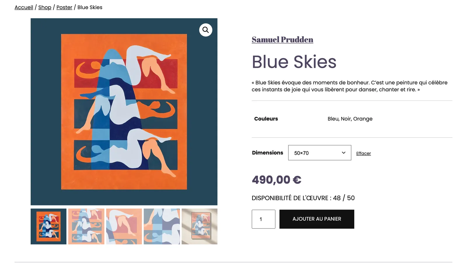 Fiche de l'œuvre Blue Skies de Samuel Prudden sur elbe-editions.com : l'affiche orange et bleue, ses vignettes, le sélecteur de dimensions sur 50×70, le prix de 490 € et la mention « Disponibilité de l'œuvre : 48 / 50 ».
