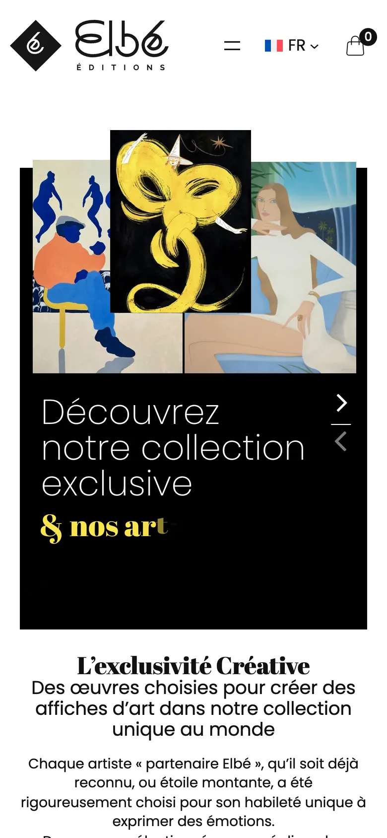 Accueil d'elbe-editions.com sur smartphone : un empilement d'affiches, puis « Découvrez notre collection exclusive » et le titre « L'exclusivité Créative ».