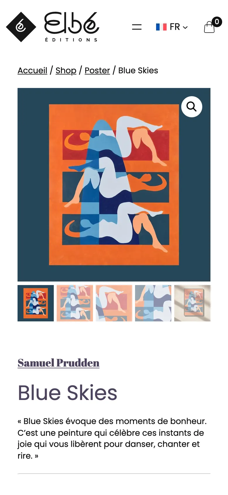 Fiche Blue Skies sur smartphone : l'affiche en grand, ses vignettes, puis Samuel Prudden, le titre Blue Skies et la citation de l'artiste.