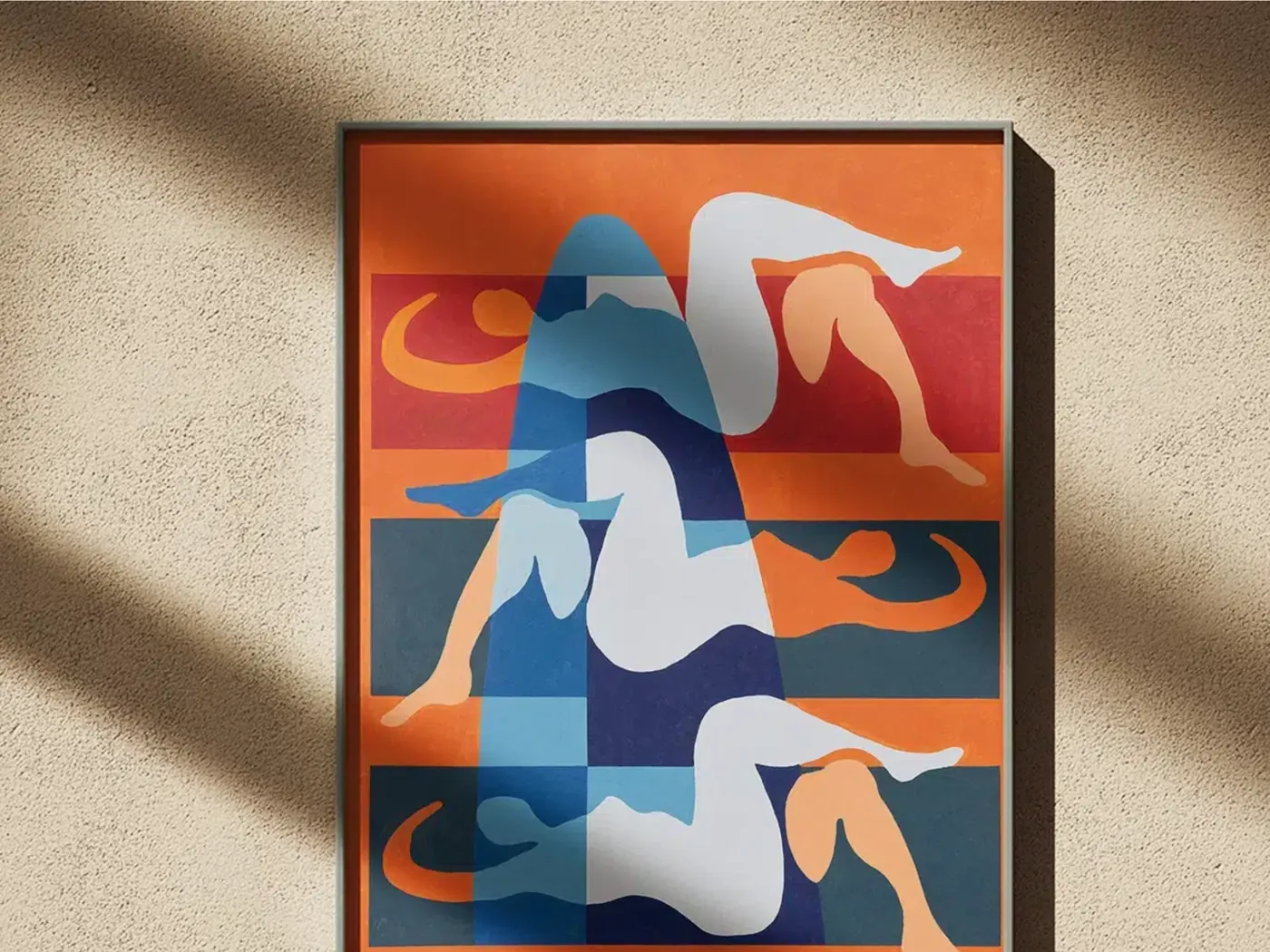 Mise en situation de Blue Skies : l'affiche encadrée de noir, accrochée sur un mur clair baigné d'ombres de feuillage.