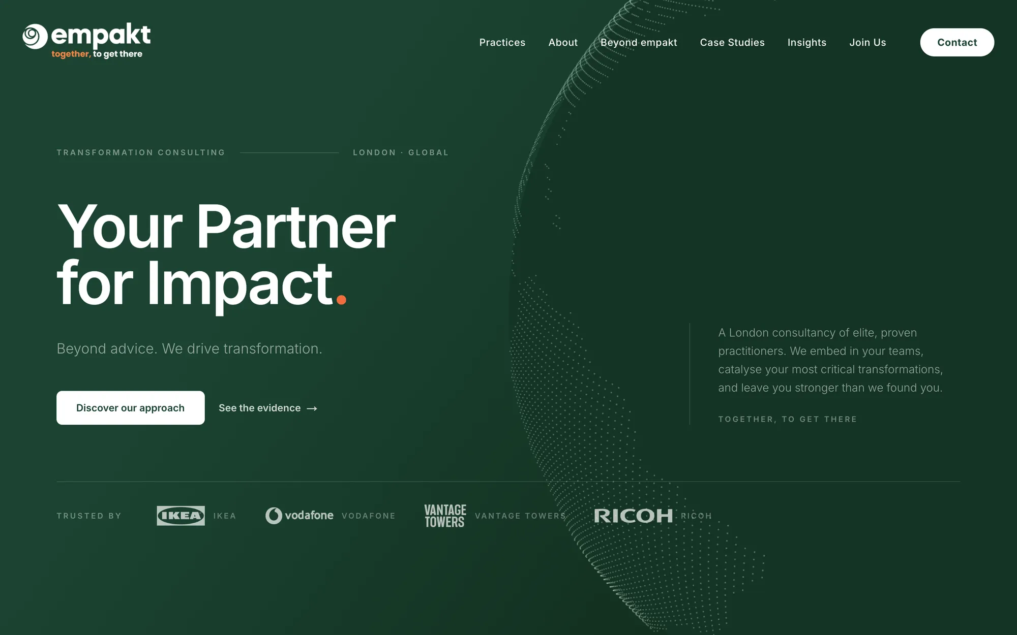 Nouveau site empakt.com : « Your Partner for Impact. » sur fond vert forêt, un globe en pointillés et la bande des clients IKEA, Vodafone, Vantage Towers et Ricoh.