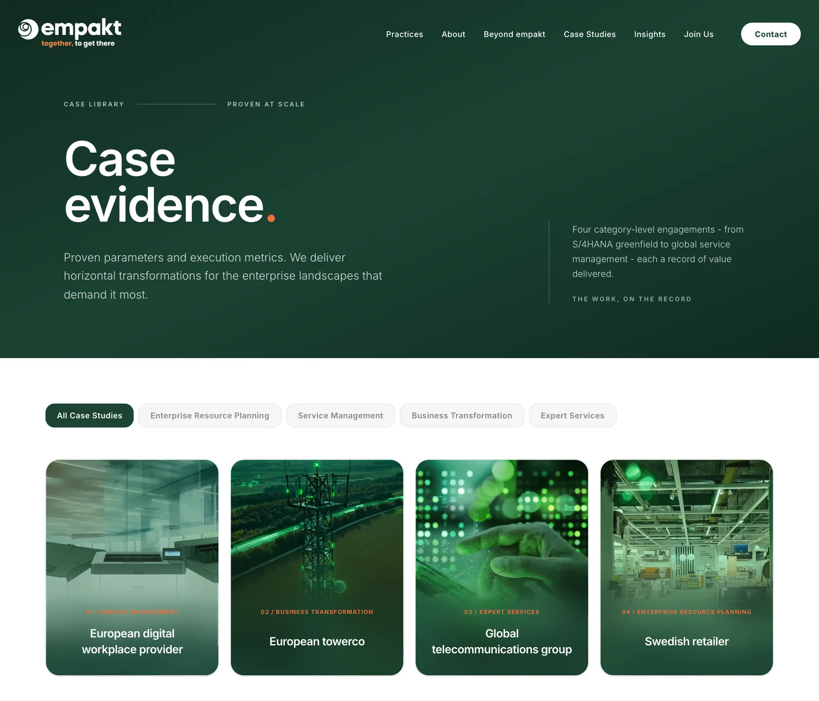 Page Case evidence d'empakt : filtres par practice et quatre cartes de case studies, dont European towerco et Swedish retailer.