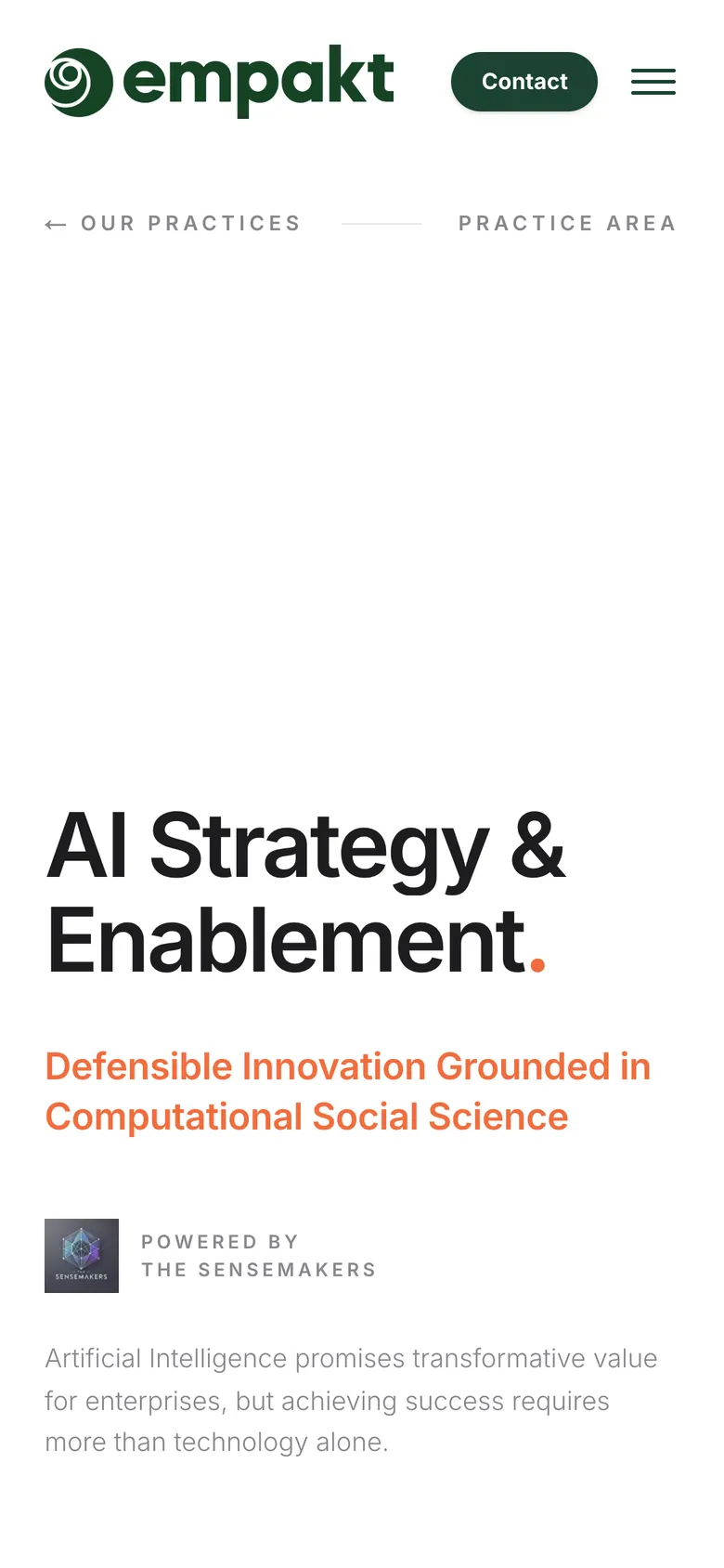 Page de la practice IA sur smartphone : « AI Strategy & Enablement. » et la mention Powered by The Sensemakers.