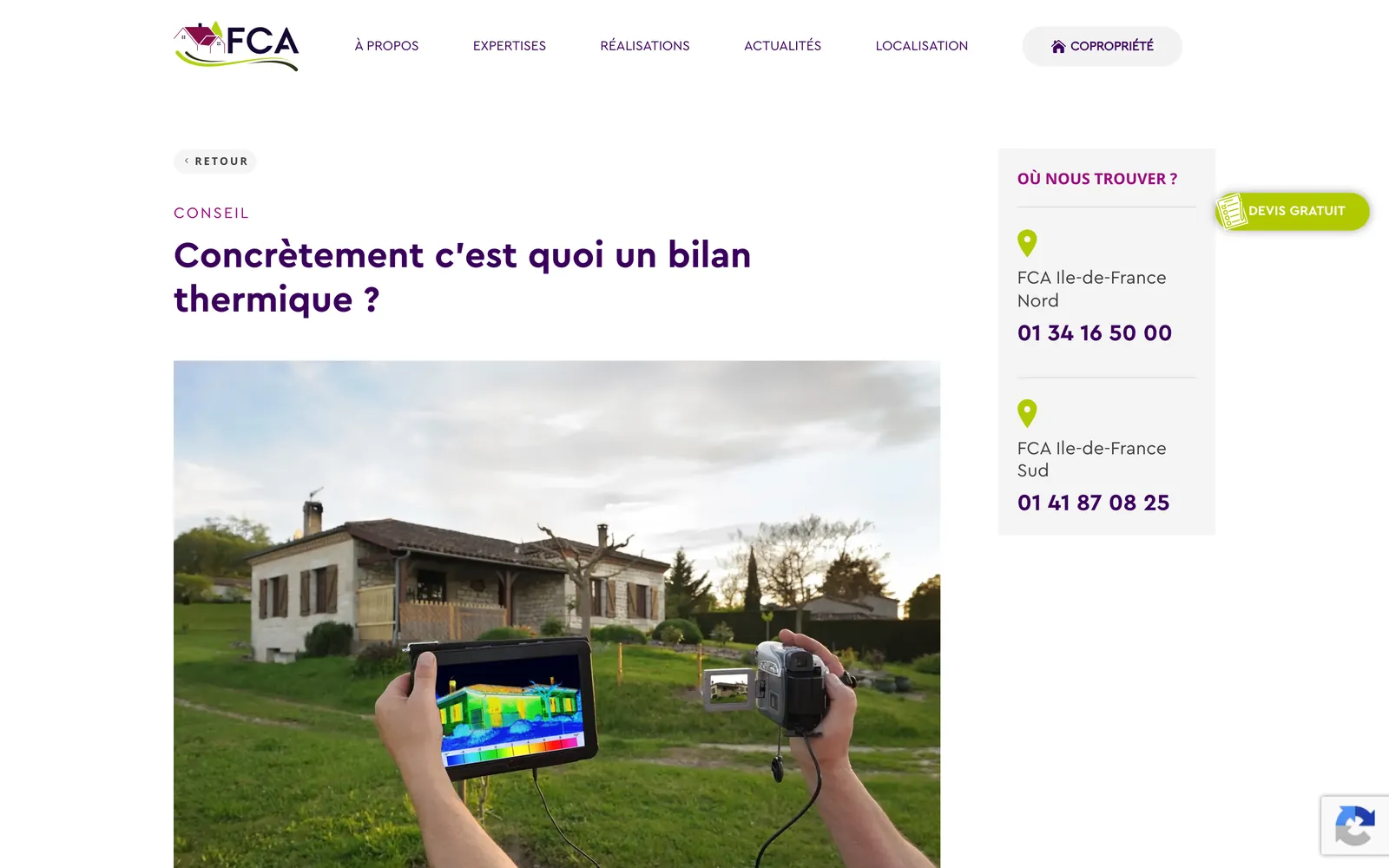 Un article du blog, « Concrètement c'est quoi un bilan thermique ? », illustré par une caméra thermique pointée sur une maison, avec les deux agences et leurs numéros en marge.