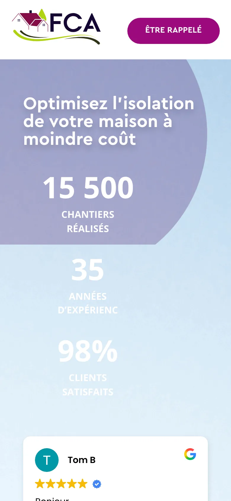 Landing isolation sur smartphone : le bouton Être rappelé en haut, le titre, puis les chiffres 15 500, 35 et 98 %.