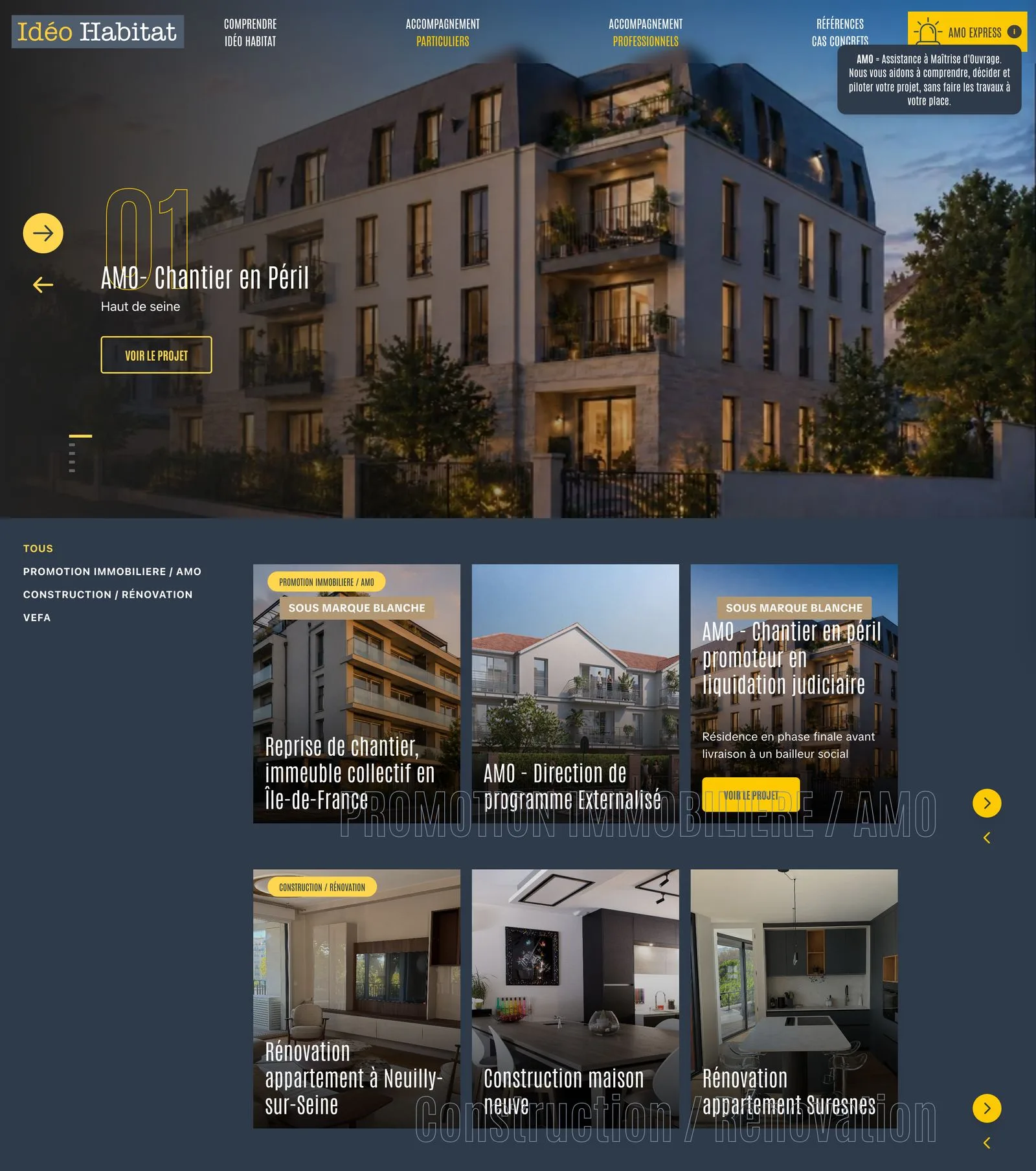 Page des cas concrets du site Idéo Habitat : le carrousel des projets phares, les filtres par type d'opération et deux rangées de cartes de projets.