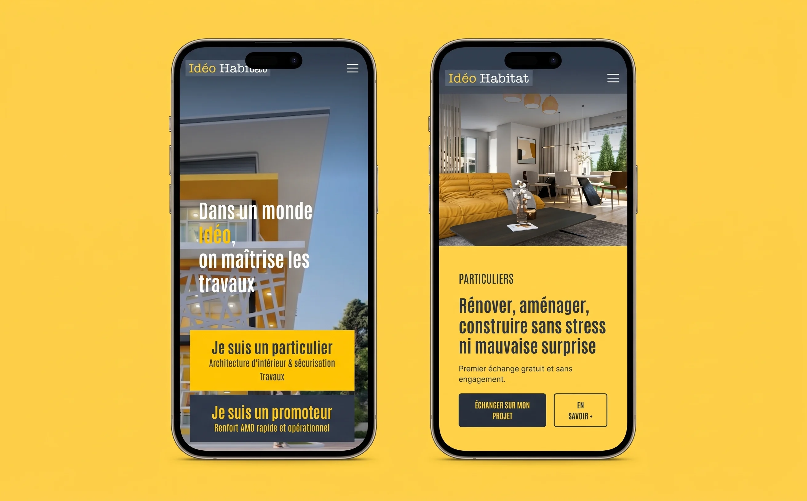 Accueil et page particuliers du site Idéo Habitat sur deux smartphones.