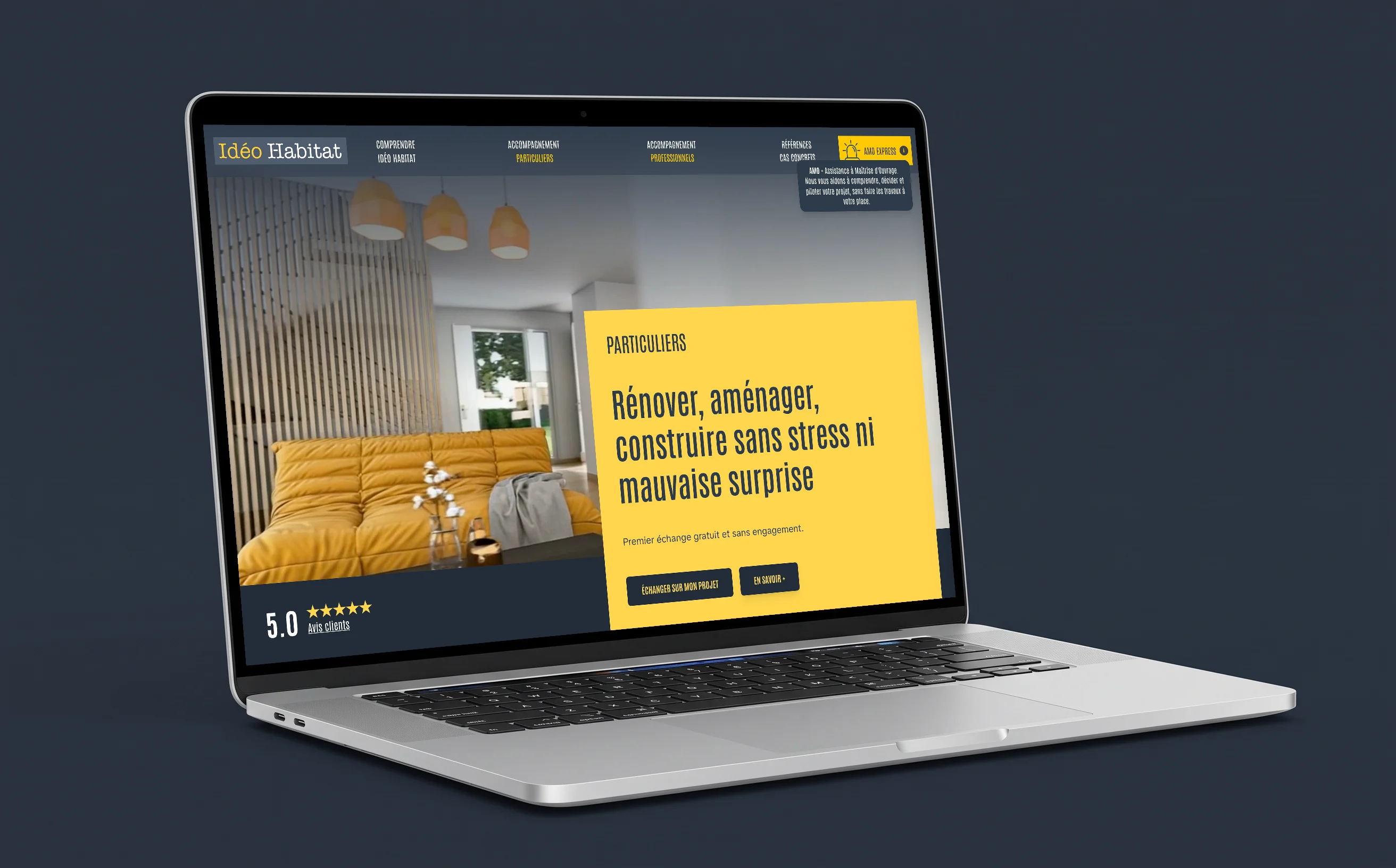 Page particuliers du site Idéo Habitat sur un ordinateur portable : « Rénover, aménager, construire sans stress ni mauvaise surprise ».