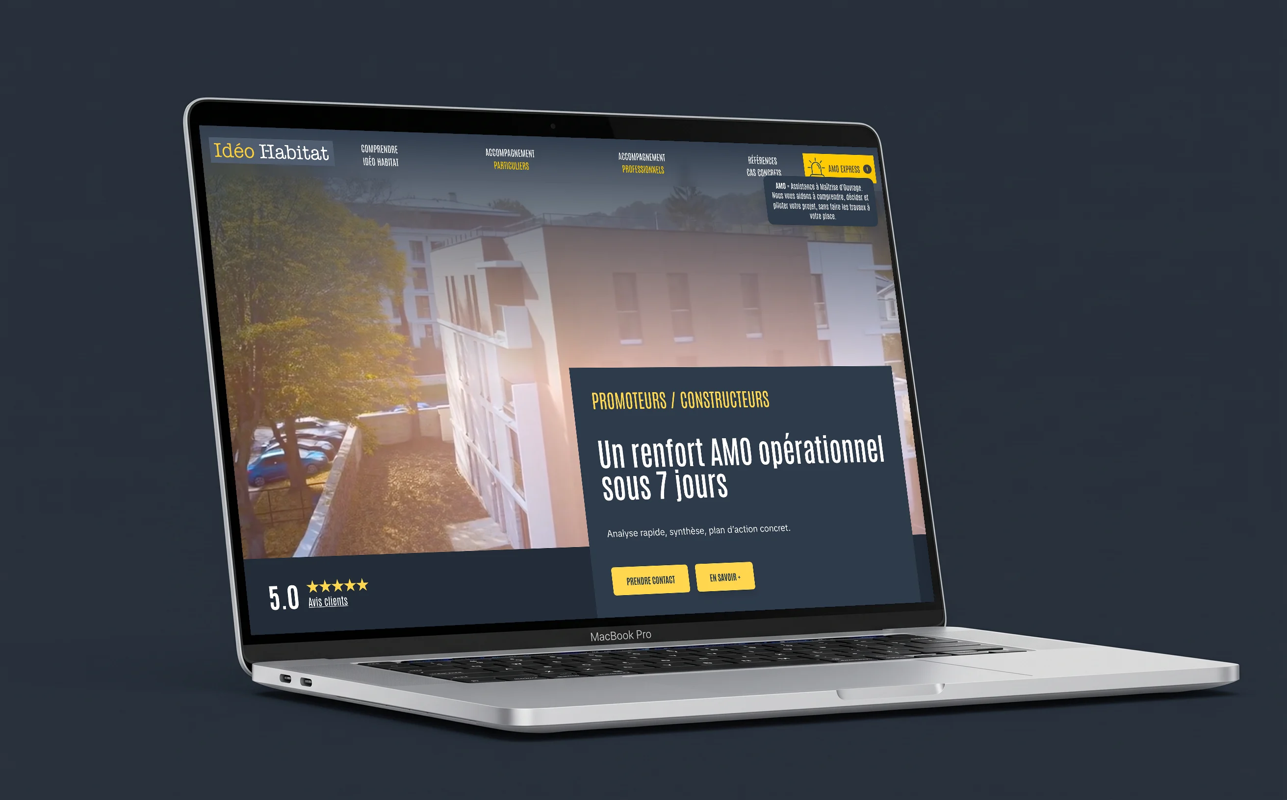 Page promoteurs du site Idéo Habitat sur un ordinateur portable : « Un renfort AMO opérationnel sous 7 jours ».