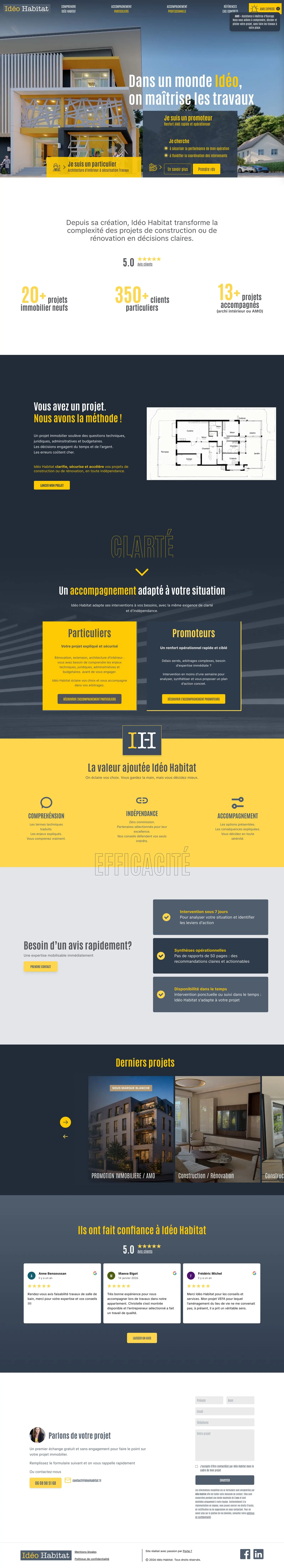 Page d'accueil complète du site Idéo Habitat : « Dans un monde Idéo, on maîtrise les travaux », les deux entrées particulier et promoteur, puis les sections suivantes.
