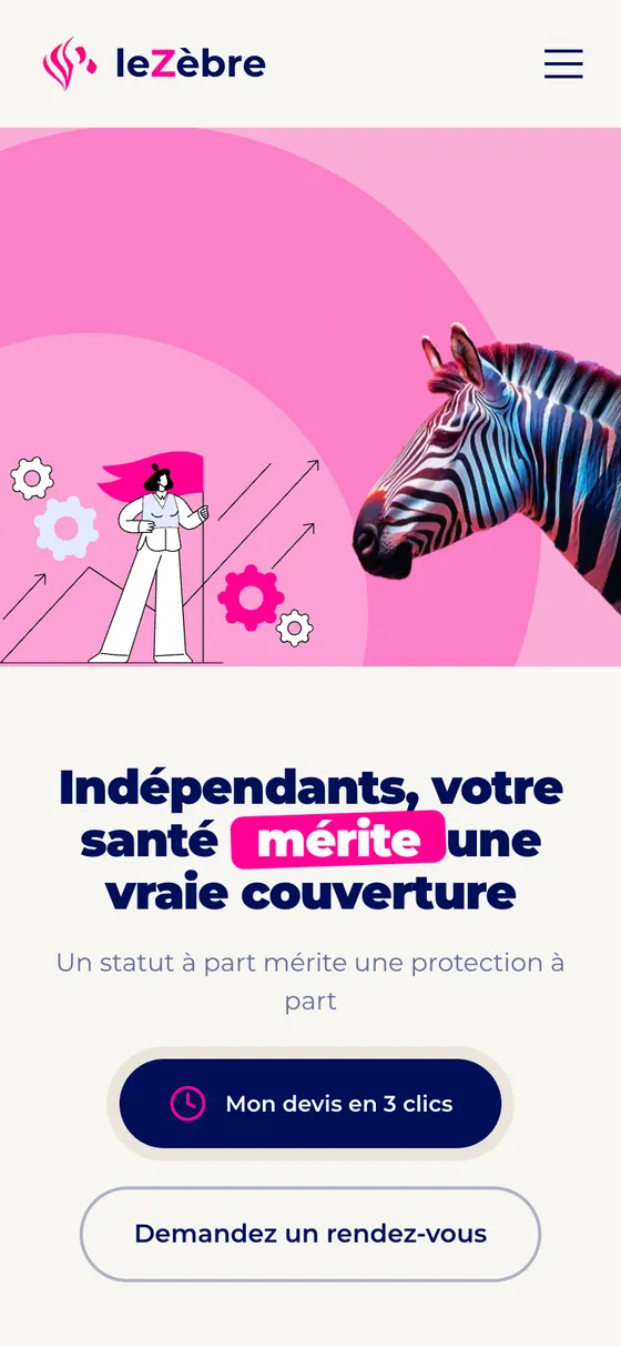 Page Indépendants sur smartphone : l'arche rose et le zèbre en haut, le titre et les deux boutons dessous.