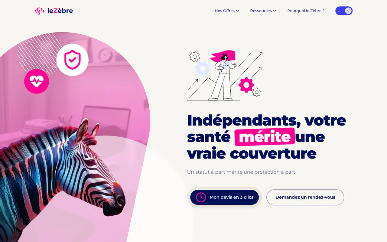 Page Indépendants de lezebre.io : le zèbre devant une arche rose, le titre « Indépendants, votre santé mérite une vraie couverture » et le bouton Mon devis en 3 clics.